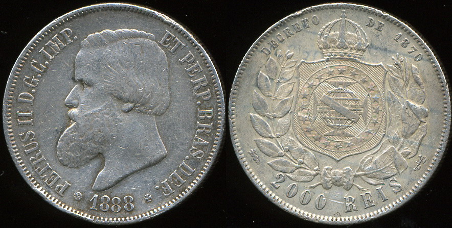 Бразилия. 2000 рейс. 1888 (aXF. Серебро)