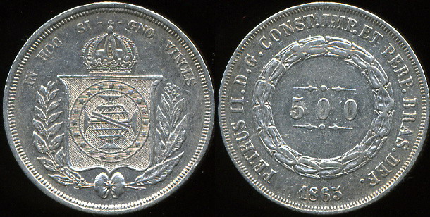 Бразилия. 500 рейс. 1865 (aUnc. Серебро)