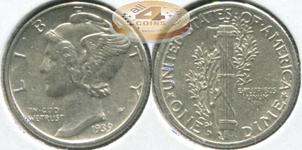 США. 10 центов [Дайм]. 1939.D (aUnc. Серебро)