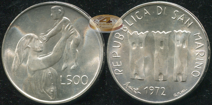 Сан-Марино. 500 лир. 1972 (Unc. Серебро)