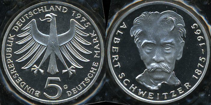 Германия (ФРГ). 5 марок. 1975 G (Proof) Серебро