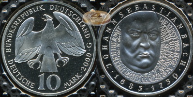 Германия (ФРГ). 10 марок. 2000 G (Proof. Серебро)