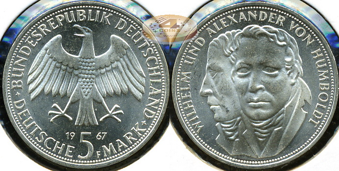 Германия (ФРГ). 5 марок. 1967 F (Prooflike. Серебро)