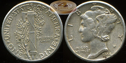 США. 10 центов (Дайм). 1944.D (aUnc. Серебро)