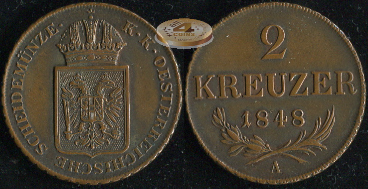 Австрийская империя. 2 крейцера. 1848A (aUnc/XF+)