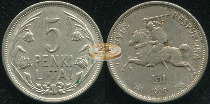 Литва. 5 литов. 1925 (XF. Серебро)