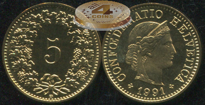 Швейцария. 5 раппенов. 1991 (Unc)