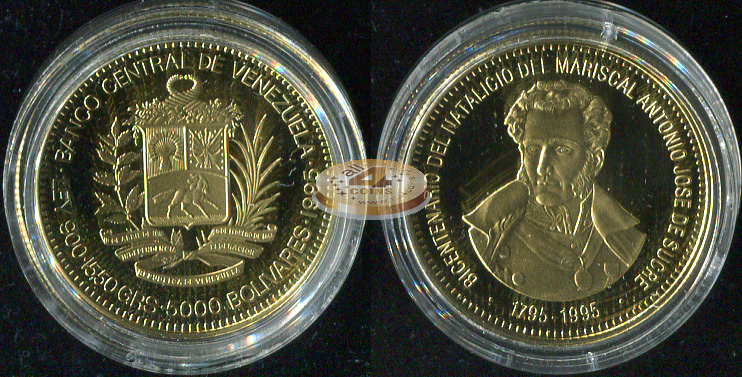 Венесуэла. 5000 боливаров. 1995 (Proof. Золото)