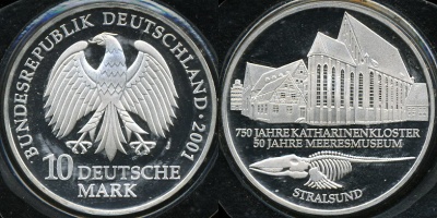 Германия (ФРГ). 10 марок. 2001 (J) (Proof. Серебро)
