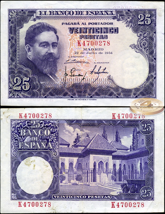 Испания. 25 песет (XF) 1954