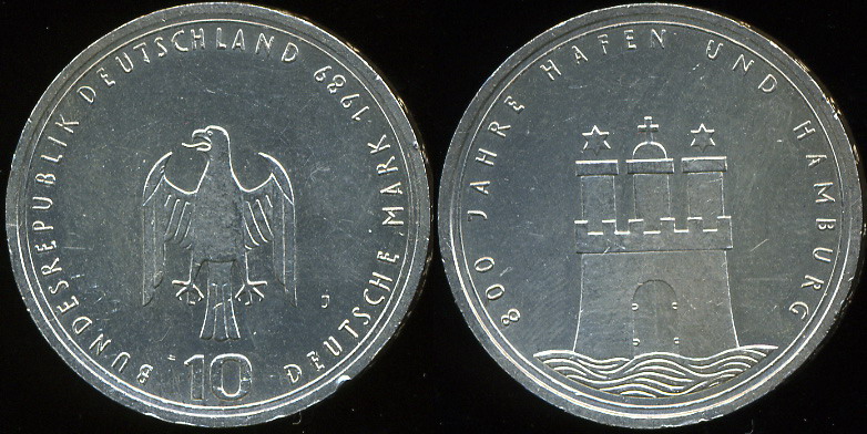 Германия [ФРГ]. 10 марок. 1989.J (Unc. Серебро)