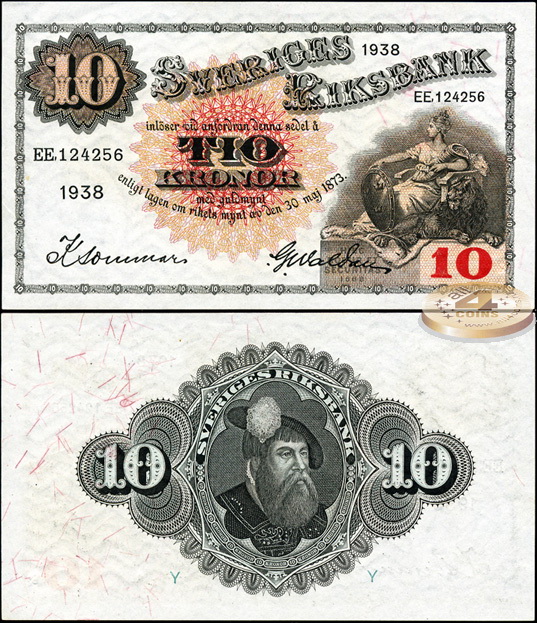 Швеция. 10 крон (Unc) 1938