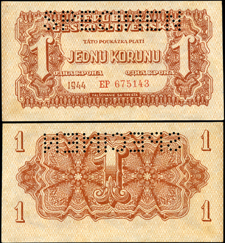 Чехословакия. 1 кронa (speciment, Unc) 1944