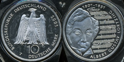Германия (ФРГ). 10 марок. 2001 (J) (Proof. Серебро)