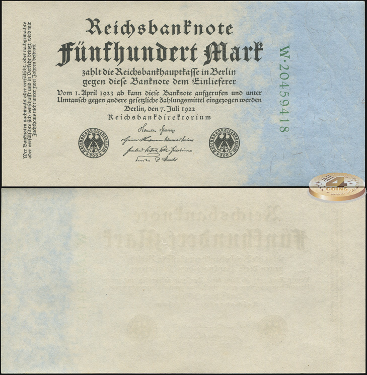 Германия [Веймарская респ.]. 500 марок (Unc) 1922