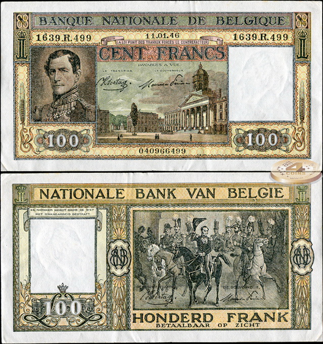 Бельгия. 100 франков (XF++. Степлер) 1946