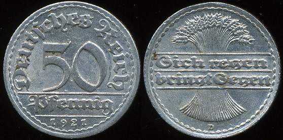 Германия (Веймарская республика). 50 пфеннигов. 1921.D (Unc)