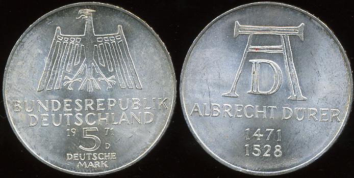 Германия (ФРГ). 5 марок. 1971 (Серебро)