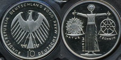 Германия (ФРГ). 10 марок. 2000 (A) (Proof. Серебро)