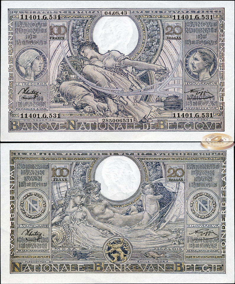 Бельгия. 100 франков/20 белгов (Unc) 1943