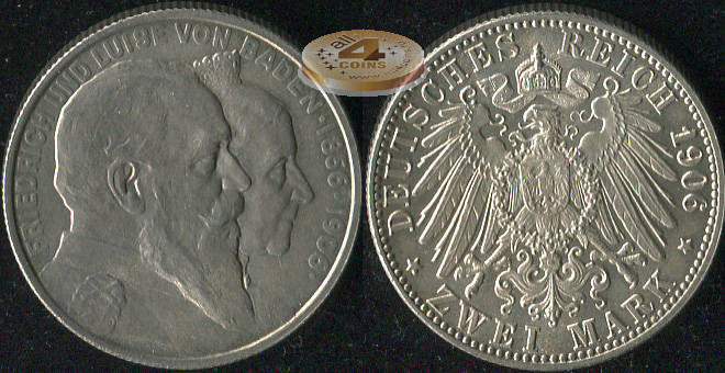 Германия (Баден). 2 марки. 1906.G (Unc. Серебро)
