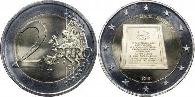 Мальта Монета 2 евро. 2015 (Unc. Биметалл) Конституционная история: Республика 1974 года