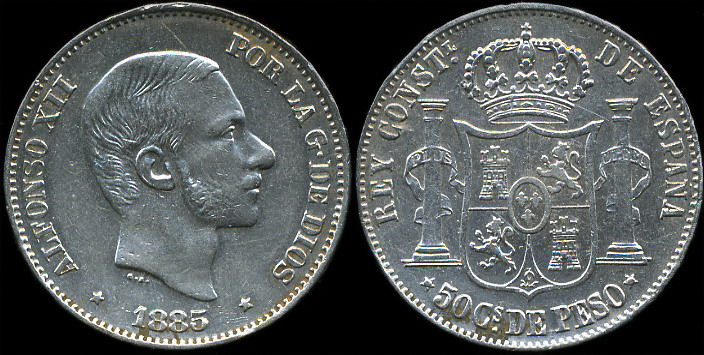 Филиппины (Испанские). 50 центимо. 1885 (XF. Серебро)