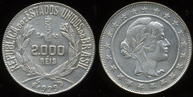 Бразилия. 2000 рейс. 1929 (aXF. Серебро)