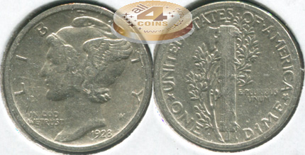 США. 10 центов [Дайм]. 1928 (VF. Серебро)