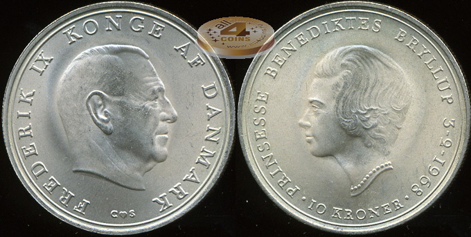 Дания. 10 крон. 1968 (Unc. Серебро)