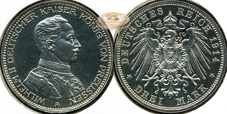 Германия (Пруссия). 3 марки. 1914 A (Proof. Серебро)