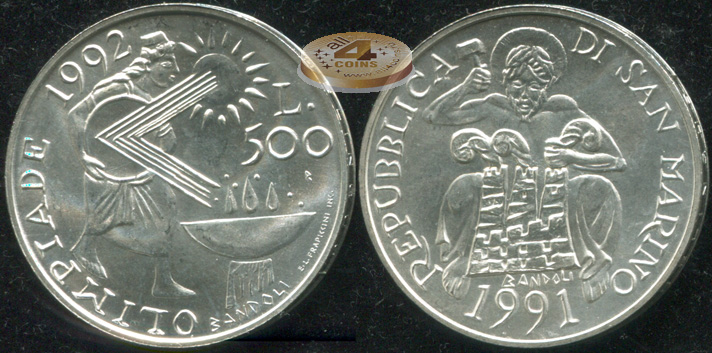 Сан-Марино. 500 лир. 1991 (Unc. Серебро)