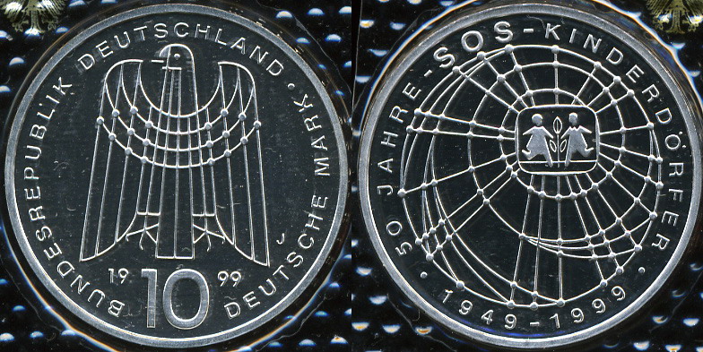 Германия (ФРГ). 10 марок. 1999 (J) (Proof. Серебро)