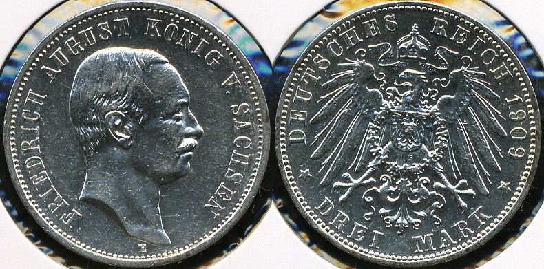 Германия (Саксония). 3 марки. 1909 (XF. Серебро)