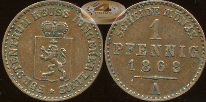 Германия (Рейсс. Младшая линия). 1 пфенниг. 1868 (aUnc)