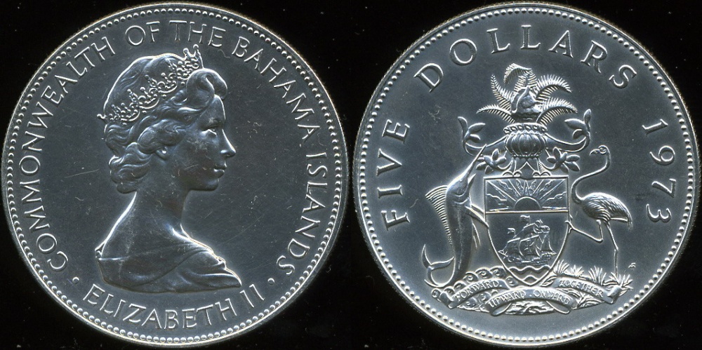 Багамские о-ва. 5 долларов. 1973 (Unc. Серебро)