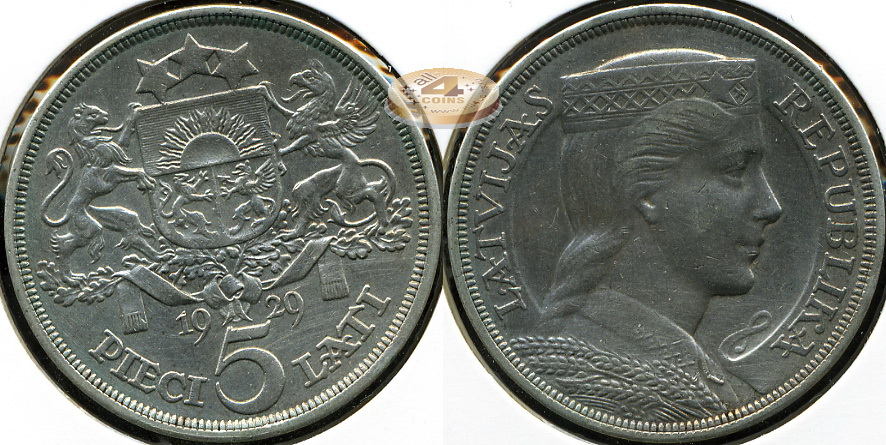 Латвия. 5 латов. 1929 (aXF/XF. Серебро)