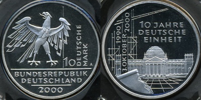 Германия (ФРГ). 10 марок. 2000 (A) (Proof. Серебро)