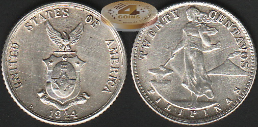 Филиппины. 20 центаво. 1944 (XF+. Серебро)