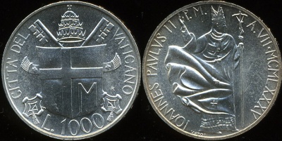 Ватикан. 1000 лир. 1985 (Unc. Серебро)