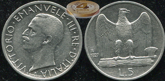 Италия. 5 лир. 1927 (XF+. Серебро)