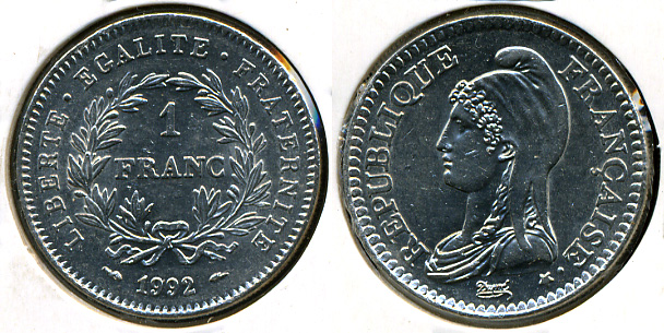 Франция. 1 франк. 1992. Unc