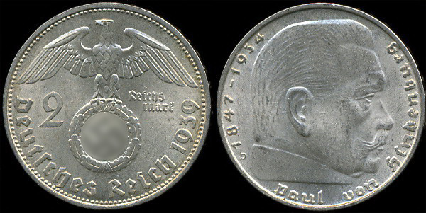 Германия (3й рейх). 2 марки, 1939  (Unc. Серебро)