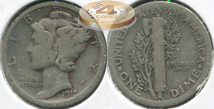 США. 10 центов [Дайм]. 1919 (aVF/F. Серебро)