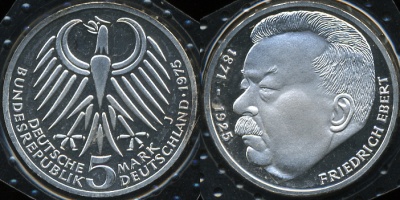 Германия (ФРГ). 5 марок. 1975 J (Proof) Серебро