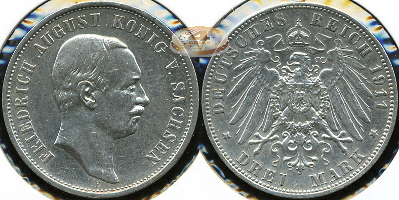Германия (Саксония). 3 марки. 1911 E (VF+. Серебро)
