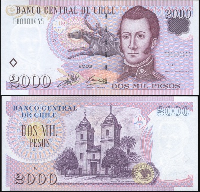 Чили Банкнота 2000 песо 2003 Unc Бумага Кат# P.158e