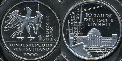 Германия (ФРГ). 10 марок. 2000 (G) (Proof. Серебро)
