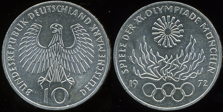 Германия (ФРГ). 10 марок. 1972 (J) (Серебро)