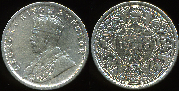 Британская Индия. 1/2 рупии. 1934 (VF+. Серебро)